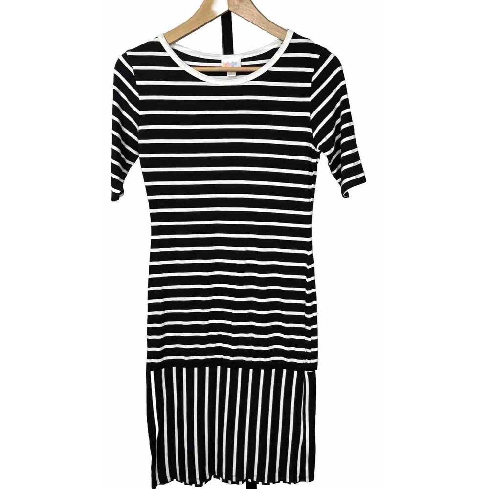 LulaRoe Dress Midi Short Sleeve Striped Stretch Knit T Shirt Blue White Small